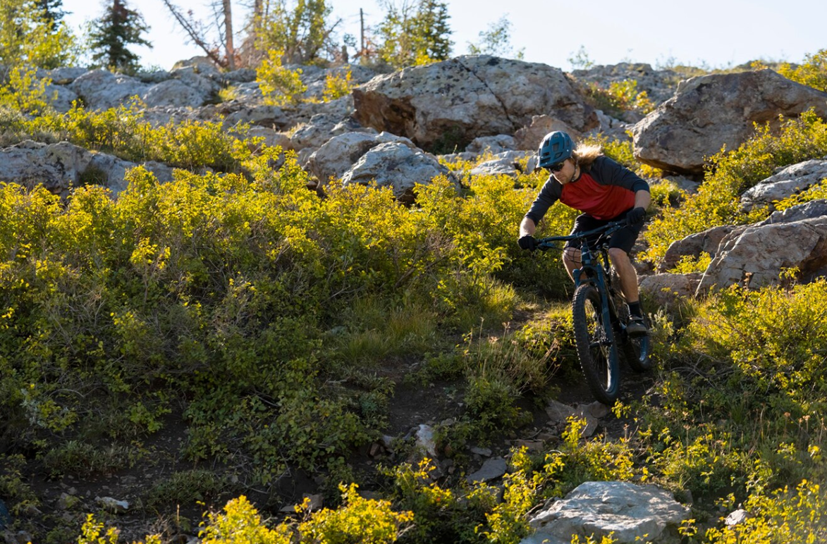 A biker mid-air on a rocky mountain path